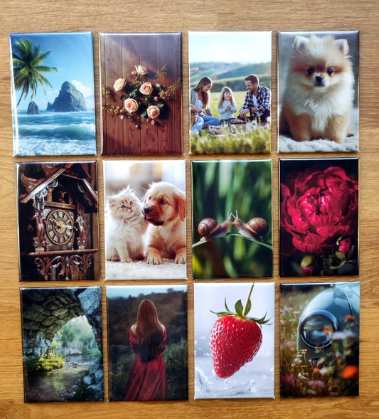 Magneți foto dreptunghiulari personalizați 73×53 mm – set de 12 bucăți